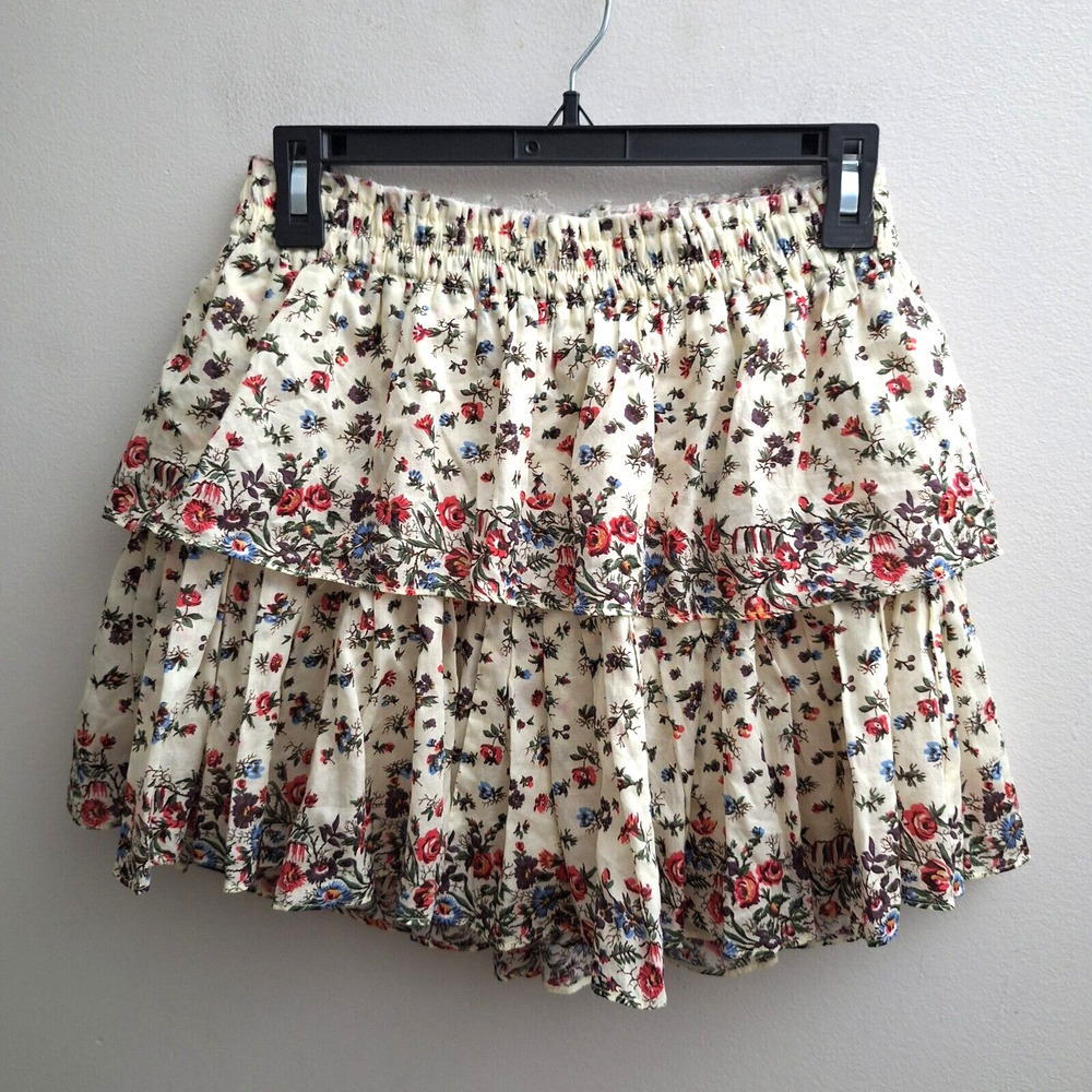 Love Shack Fancy Tiered Skirt Sz Small Tiered Cream Red Green Lined Mini Ruffles